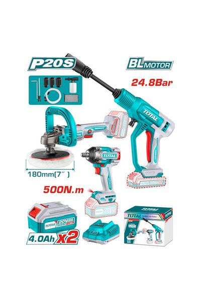 TOTAL Tire tensioning drill set with polishing gun and 20V washer gun