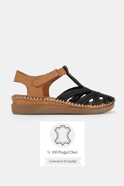TUNAELLİ Women's Black Genuine Leather 35-41-42 Number Flat Wedge Heels Front Closed Strap Sandals