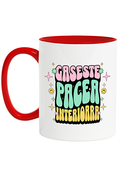 StoryGift Romania Cana Gaseste Pacea Interioara, 330ml, Ceramic Cu Maner Rosu...