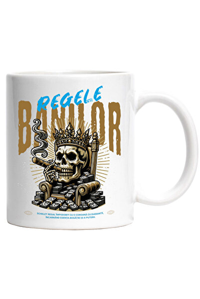 StoryGift Romania Cana Regele Banilor - Schelet Cu Coroana, 330ml, Ceramic Cu Maner Alb, Cu Maner Alb S,stg