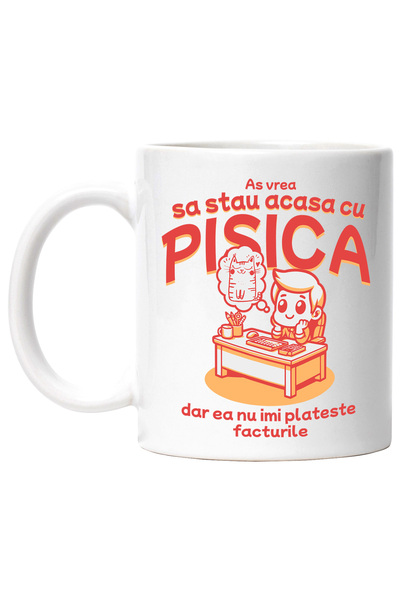 StoryGift Romania Cana Baiat Stand La Birou Cu Gandul La Pisica, 330ml, Ceram...