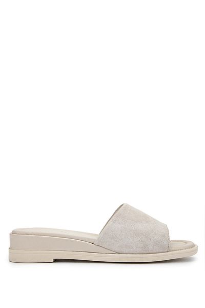 Tamer Tanca Women's Genuine Leather Beige Suede Flat Slippers
