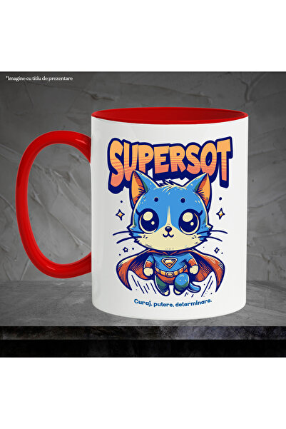 StoryGift Romania Super Husband Mug, Superhero, Flying Cat, 330ml, Ceramic with Red Handle, With Red Handle, STG.