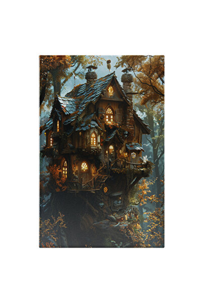 StoryGift Romania Tablou Canvas Casuta Din Padure, O Casa Din Copac Luminata Si Cuiburi De Pasari Deasupra Cu Co