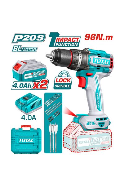 TOTAL 20V 96Nm Vibrating Cordless Drill with Plastic Bag, Extra Battery, Charger and Bit Set