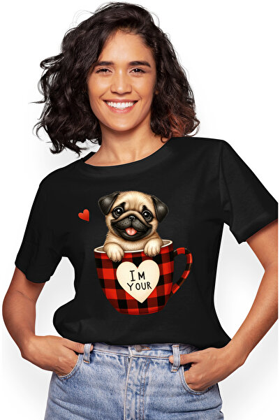 StoryGift Romania Tricou Femei Cu Un Catel Pug, Ilustratie, Sta Intr-o Ceasca...