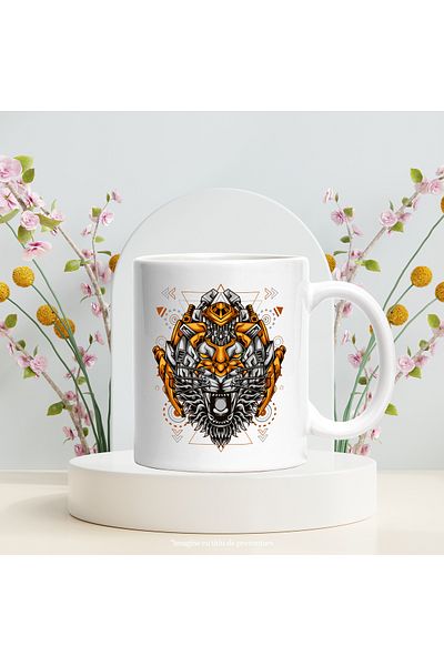 StoryGift Romania Mug With Tiger Head, Mecha, Robot, Geometric, Cyberpunk, Multicolor 330 ml, Sky, With ,STG