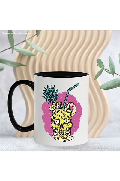 StoryGift Romania Mug With Glass, Pineapple, Skull, Straw, Drink, Leaves, Multicolor 330 ml, Ceramic, With ,STG