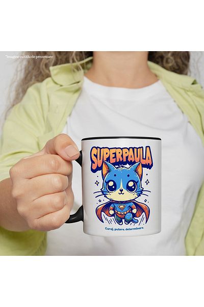 StoryGift Romania Super Paula Mug, Superhero, Flying Cat, 330ml, Ceramic with Black Handle, With Handle, STG