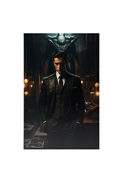 StoryGift Romania Tablou Canvas: Barbat Misterios Cu Privire Incruntata In Camera Intunecata In Costum Si Cravat