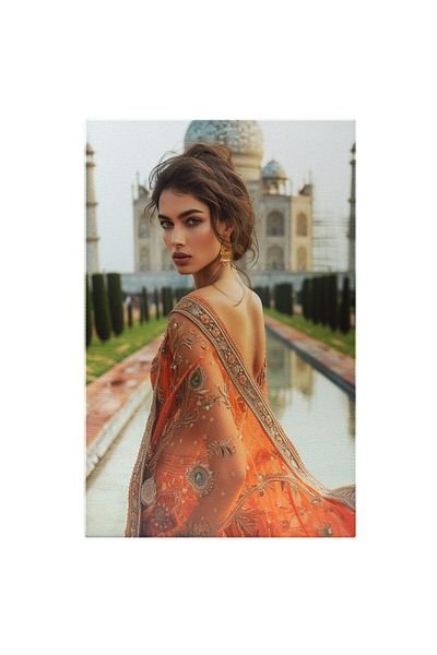 StoryGift Romania Tablou Canvas: Indian Woman, Femeie In Costum Indian Portocaliu Cu Cercei Mari Si Chip Fermeca
