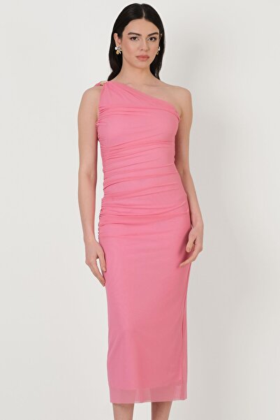 Spazio Falchetto Tek Omuz Yanı Büzgülü Midi Abiye Elbise PEMBE