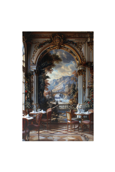 StoryGift Romania Tablou Canvas Restaurant De Lux Regal Cu Un Perete Pictat Frumos Si Mese Aranjate Cu Scaune Di