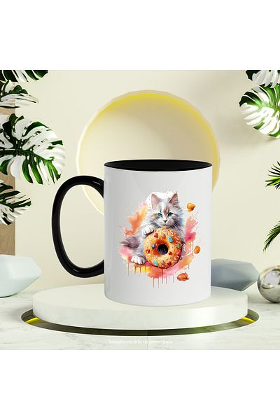 StoryGift Romania Cat Mug, Donut, Dessert, Leaves, Glaze, Candy, Multicolor 330 ml, C, Cu,STG