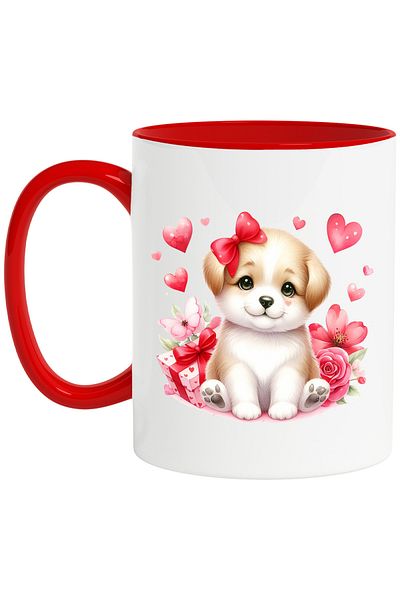 StoryGift Romania Mug with a puppy with a bow, illustration, gift, rose, flowers, hearts, love, With, STG
