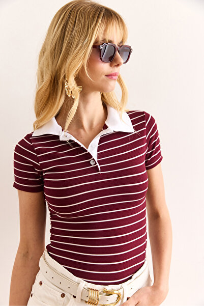 Olalook Damska bluzka polo w kolorze bordowym, w paski, elastyczna BLZ-19002992