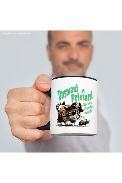 StoryGift Romania Mug Cat chasing mice Enemies and friends, 330ml, Ceramic with Black Handle, With ,STG