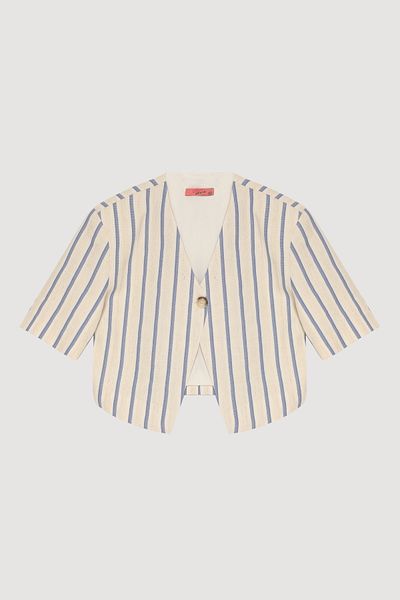 Quzu Single Button Striped Short Sleeve Jacket Ecru