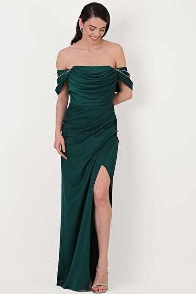 Spazio Orfina Straplez Düşük Kol Bel Dpaeli Uzun Abiye Elbise ZÜMRÜT