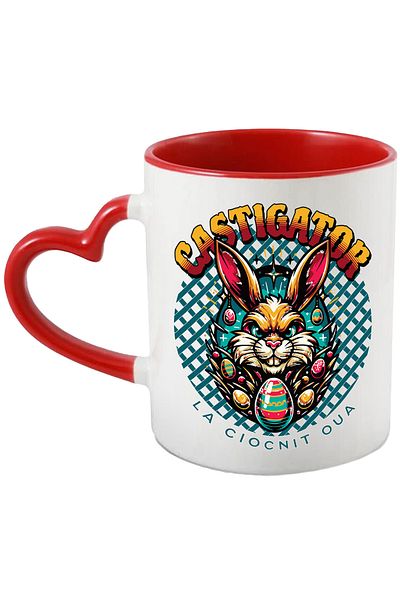 StoryGift Romania Cana Castigator La Ciocnit Oua Iepure Paste, 330ml, Ceramica Cu Maner Inima Rosi, Cu ,stg
