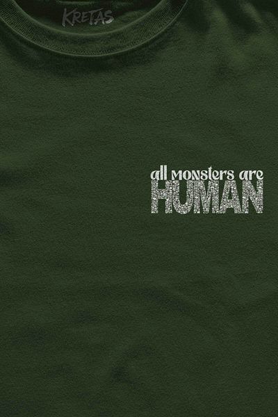 Kretas Μπλουζάκι Unisex Khaki All Monsters Are Human Skull Minimal μπλουζάκι με στάμπα μπροστά