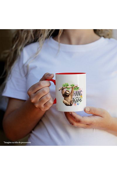 StoryGift Romania Mug with a sloth hanging from a branch with the message "Hang in there", za, Cu,STG.