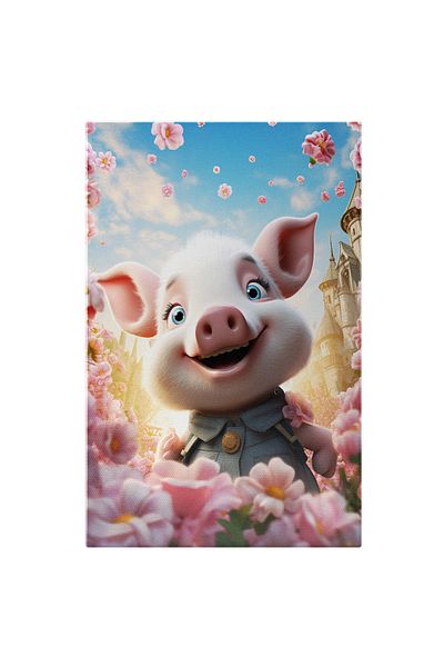 StoryGift Romania Tablou Canvas: Baby Pig Micuta Purcelusa Cu Ochii Stralucitori Cu Chipul Fericit Si Floricele