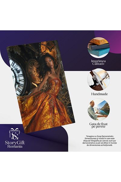 StoryGift Romania Tablou Canvas: Rochie Lungă De Prințesă, Galbenă Pe Model Feminin Și Fundal Cu Ceasuri- Modă Ș
