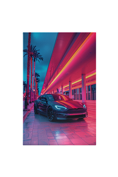 StoryGift Romania Tablou Canvas Tesla Masina Neagra Cu Farurile Scipitoare La...