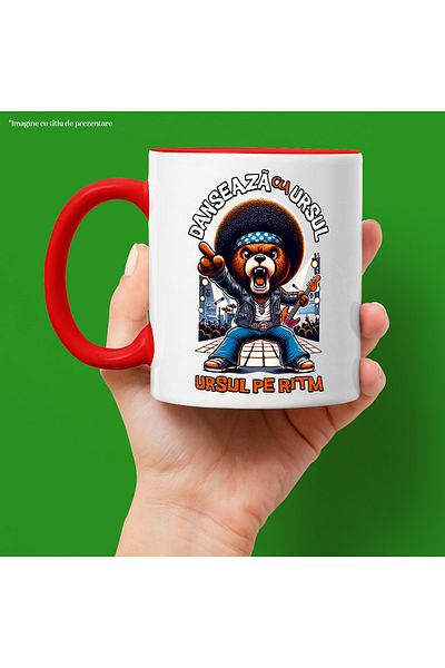 StoryGift Romania Mug The Bear on the Rhythm. Dance with the Bear Fun, 330ml, Ceramic with Red Handle, With M,STG