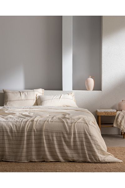 Madame Coco Breville Double Muslin Yarn Dyed Elastic Duvet Cover Set - Ecru/Khaki