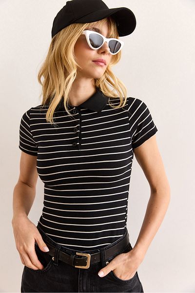 Olalook Women's Black Polo Neck Striped Stretchy Blouse Blz-19002992