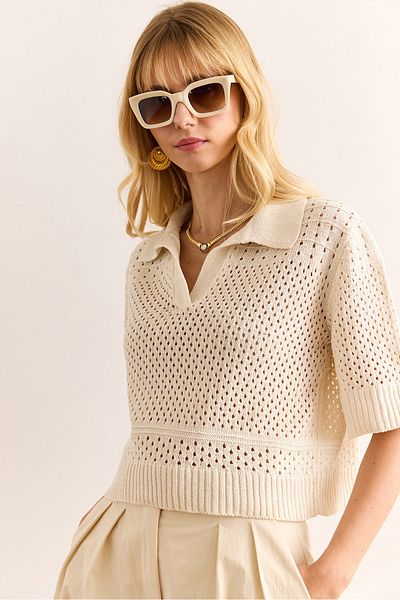 Olalook Women's Stone Polo Neck Openwork Cotton Content Knitwear Blouse Blz-19002986