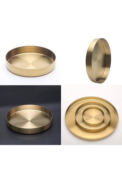 fulina Round Metal Decorative Tray, 3 Pieces, Gold Simple Line Design, Suitable for Jewelry, Tableware