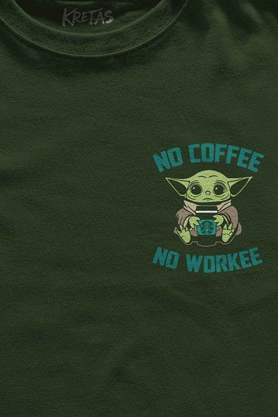 Kretas Μπλουζάκι Unisex Khaki Baby Yoda No Coffee No Workee Star Brown Μπλουζάκι με μίνιμαλ μπροστινό τύπωμα