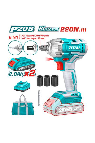 TOTAL 20V 220Nm Cordless Impact Drill with Canvas Bag, Extra Battery and Charger