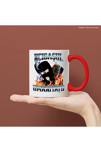 StoryGift Romania Mug killer of humanity man with mask in flames, 330ml, Ceramic with Red Handle, With Handle, STG