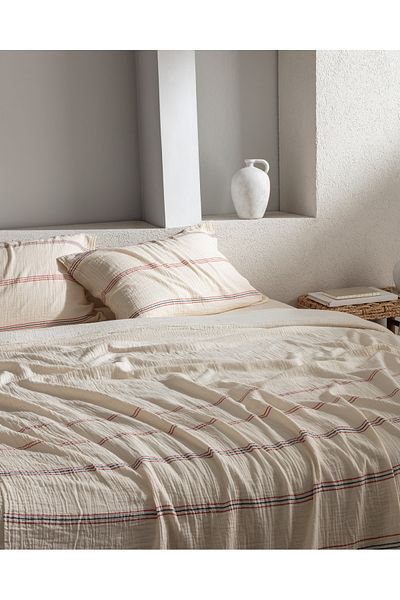 Madame Coco Breville Double Muslin Yarn Dyed Elastic Duvet Cover Set - Ecru/Navy Blue