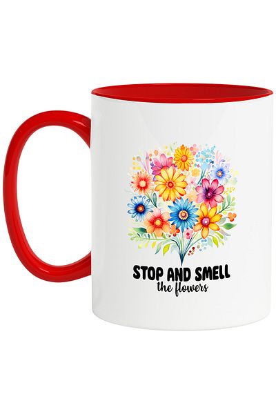 StoryGift Romania Mug with many colorful flowers with the message "Stop and smell the flowers", you know, With
