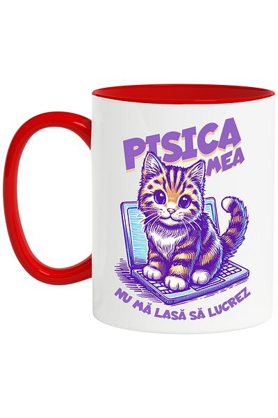 StoryGift Romania Cana Pisica Pe Laptop, Text Pisica Nu Ma Lasa Lucrez, 330ml, Ceramic Cu Maner Ro, Cu ,stg