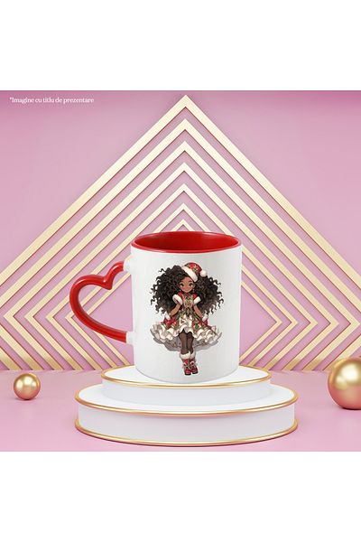 StoryGift Romania Mug with a cute little Afro girl | illustration | Christmas hat | red dress, With ,STG.