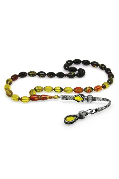 Tesbihane 1000 Sterling Silver Kazaz Tasseled Barley Cut Filtered Bala-black Fire Amber Prayer Beads