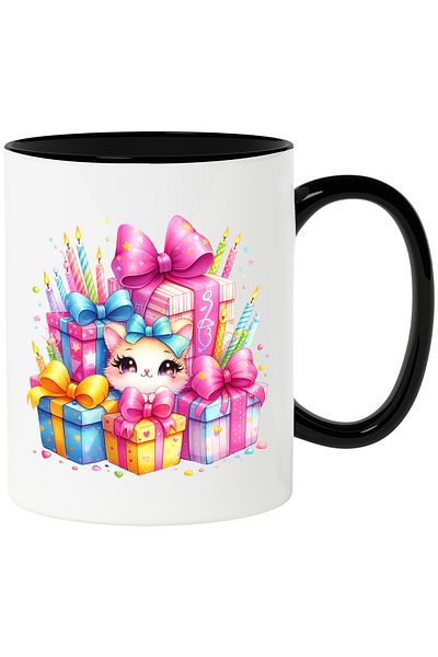 StoryGift Romania Mug with a kitten standing among a lot of gifts | illustration | candles a, With