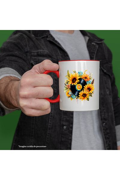 StoryGift Romania Mug with an old record, illustration, retro style, old, sunflower flowers,, With ,STG