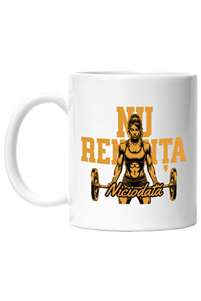 StoryGift Romania Cana Fata Ridicand Greutate Mesaj Motivational Nu Ren, 330ml, Ceramic Cu Maner A, Cu ,stg