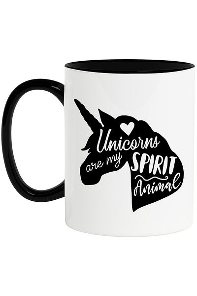 StoryGift Romania Mug with a unicorn figure and a heart with the message "Unicorns are animals, with