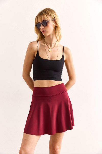 Olalook Women's Burgundy Mini Flared Skirt with Shorts Etk-19000318