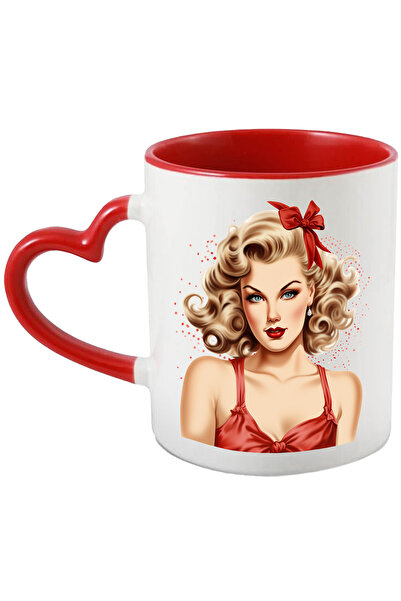 StoryGift Romania Cana Cu Femeie Frumoasa Cu Maiou Rosu, Funda, Blonda, Ilust...