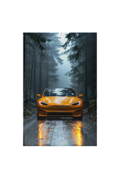 StoryGift Romania Tablou Canvas Tesla Masina Galbena Sport Care Merge Pe Un D...