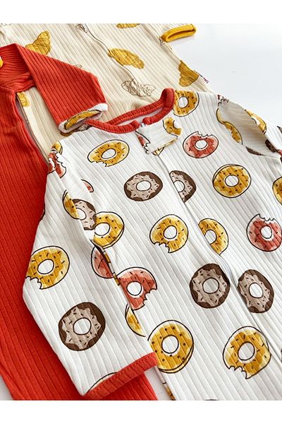 DEFNE LİNA BABY Baby Girl Printed Cotton Cuffed 3-Piece Jumpsuit Set Colorful Patterned 9-12-18 Months Baby Outfit